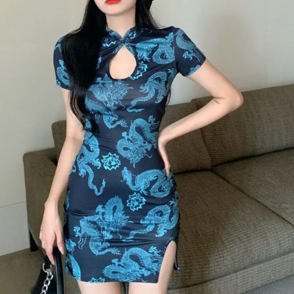 Short Sleeve Dragon Print Cheongsam Retro Forking Vintage Chinese Dress Hollowing Out Slim Women's Clothing Party Dresses