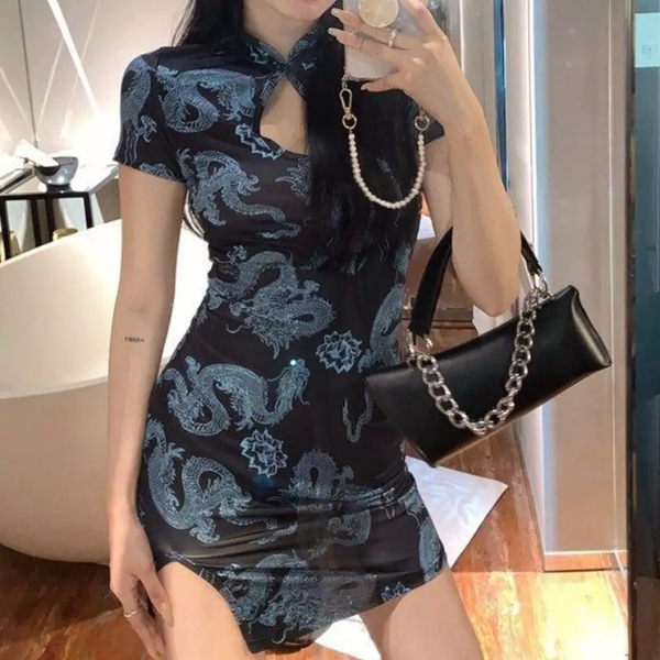 Short Sleeve Dragon Print Cheongsam Retro Forking Vintage Chinese Dress Hollowing Out Slim Women's Clothing Party Dresses