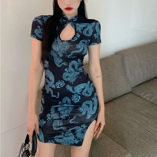 Short Sleeve Dragon Print Cheongsam Retro Forking Vintage Chinese Dress Hollowing Out Slim Women's Clothing Party Dresses