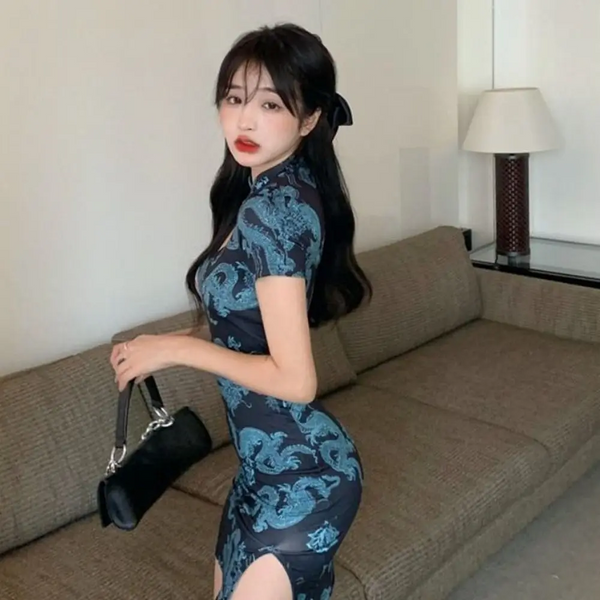 Short Sleeve Dragon Print Cheongsam Retro Forking Vintage Chinese Dress Hollowing Out Slim Women's Clothing Party Dresses