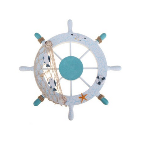 11'' Beach Wooden Boat Ship Steering Wheel Nautical Fish Net Shell Wall Decoration