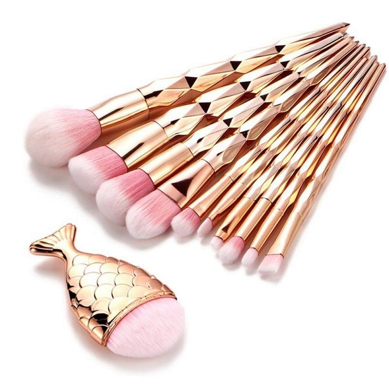 11 Pieces Diamond Rose Gold Makeup Set Mermaid Fishtail Shaped Foundation Brushes