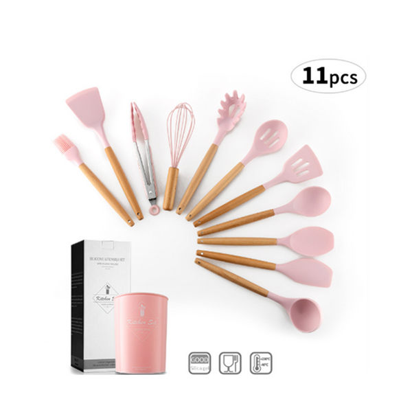 1Kitchen Silicone Spatula Utensil Set Cooking Utensils Spatulas Heat Resistant Wooden Spoons Pink
