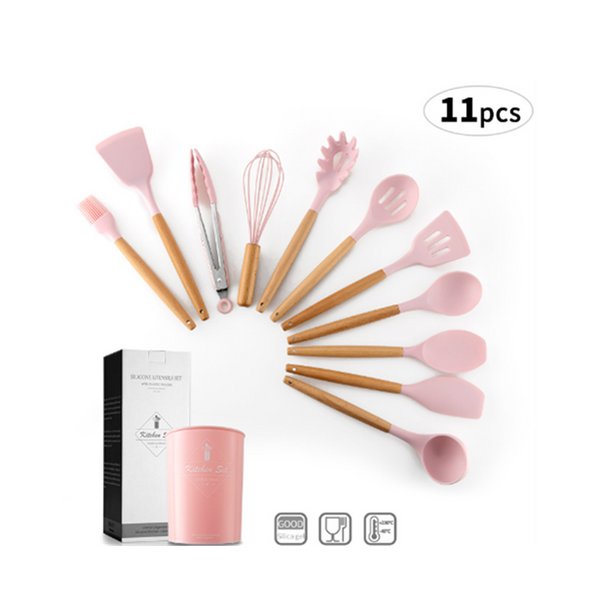 1Kitchen Silicone Spatula Utensil Set Spatulas Heat Resistant Spoons Pink Cooking Utensils