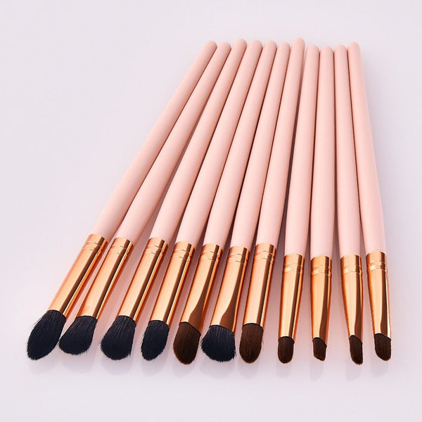 11 Pieces Pvc Pink Gold Wood Eyes Makeup Set Eyeshadow Eyebrow Lip Professional Brushes
