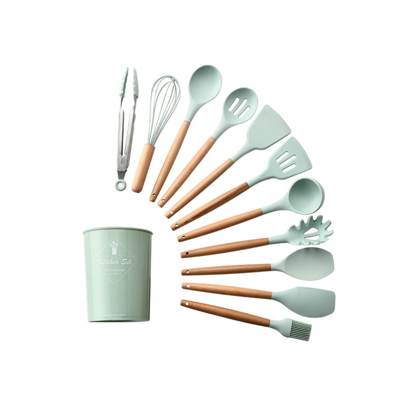 1Wood Handle Silica Gel Kitchenware Non Stick Pot Spoon Shovel Set