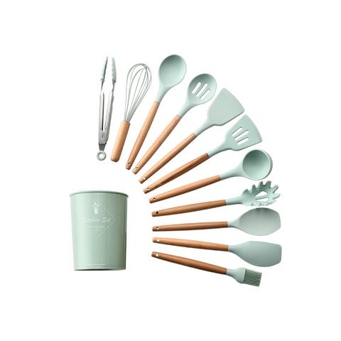 1Wood Handle Silica Gel Kitchenware Non Stick Pot Spoon Shovel Set