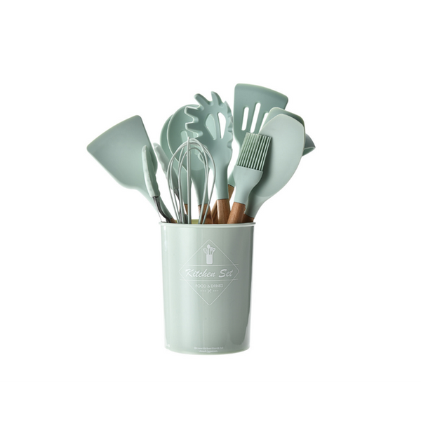 1Wood Handle Silica Gel Kitchenware Non Stick Pot Spoon Shovel Set Cooking Utensils