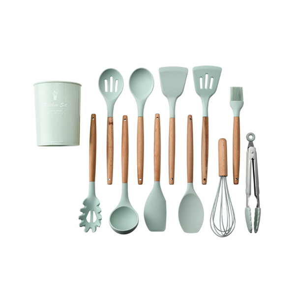 1Wood Handle Silica Gel Kitchenware Non Stick Pot Spoon Shovel Set Cooking Utensils