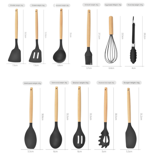 12 Piece Black Heat Resistant Silicone With Wooden Handles And Box Non Stick Scratch Free Kitchen Tool Cooking Utensils