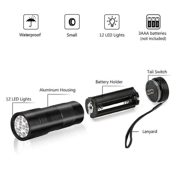 Mini Uv Blacklight Flashlight 12 Led Lights Portable Torch