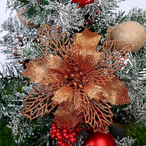 12 Pcs Christmas Decoration Celebration Hollow Out Glitter Powder Flower Wreath Garland Pendant Bronze Seasonal Decorations
