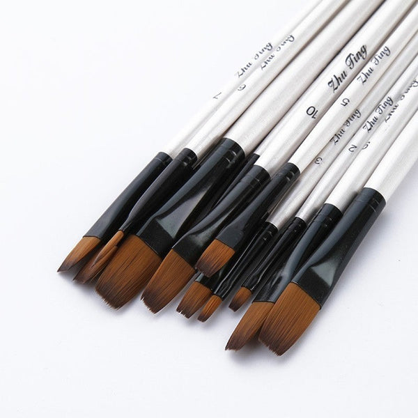 12 Pcslot Wooden Handle Nylon Paint Brush Pen Professional Oil Watercolor Paintbrush Set Painting Drawing Art Supplies