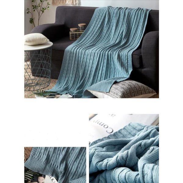 120Cm X 180Cm Warm Cozy Knitted Throw Blanket Blue Blankets