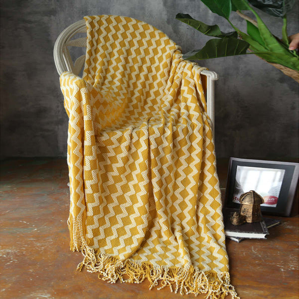 120X200cm Warm Cozy Knitted Blanket Yellow With White Details