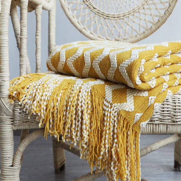 120X200cm Warm Cozy Knitted Blanket Yellow With White Details Blankets