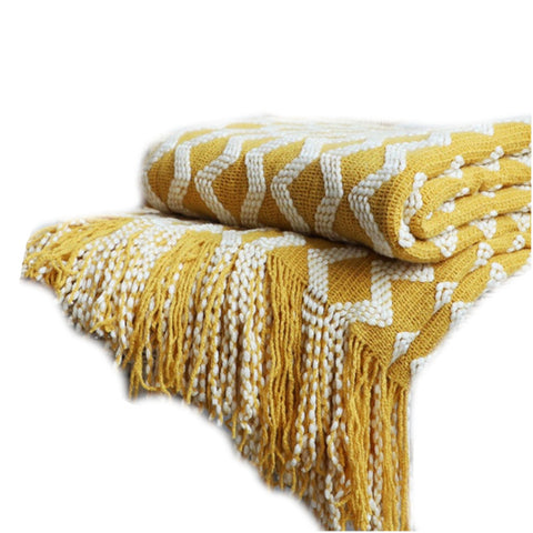 120X200cm Warm Cozy Knitted Blanket Yellow With White Details Blankets