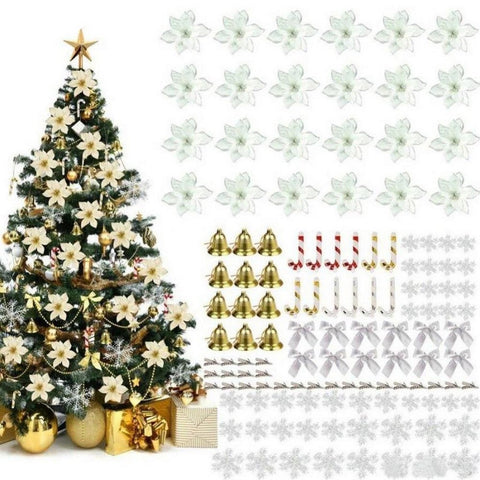120Pcs Christmas Tree Decoration Flowers Ornaments Set Artificial Seasonal Decorations