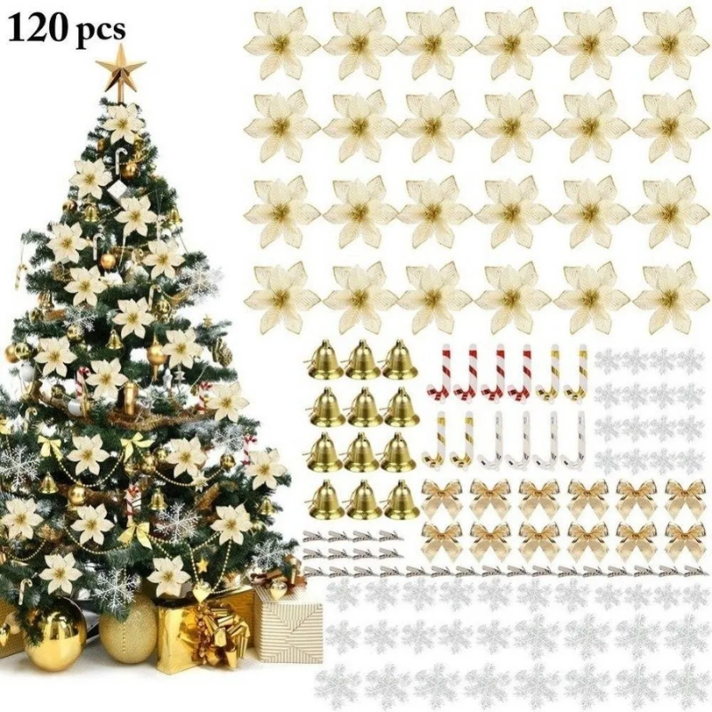 120Pcs Christmas Tree Decoration Flowers Ornaments Set Artificial Seasonal Decorations