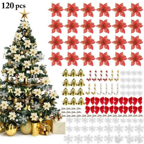 120Pcs Christmas Tree Decoration Flowers Ornaments Set Artificial Seasonal Decorations