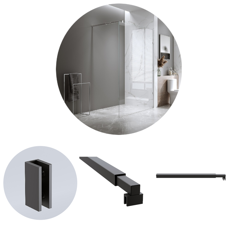 Della Francesca 120X210cm Single Shower Glass Screen With Black U Brackets & Square Pole Shower Enclosures