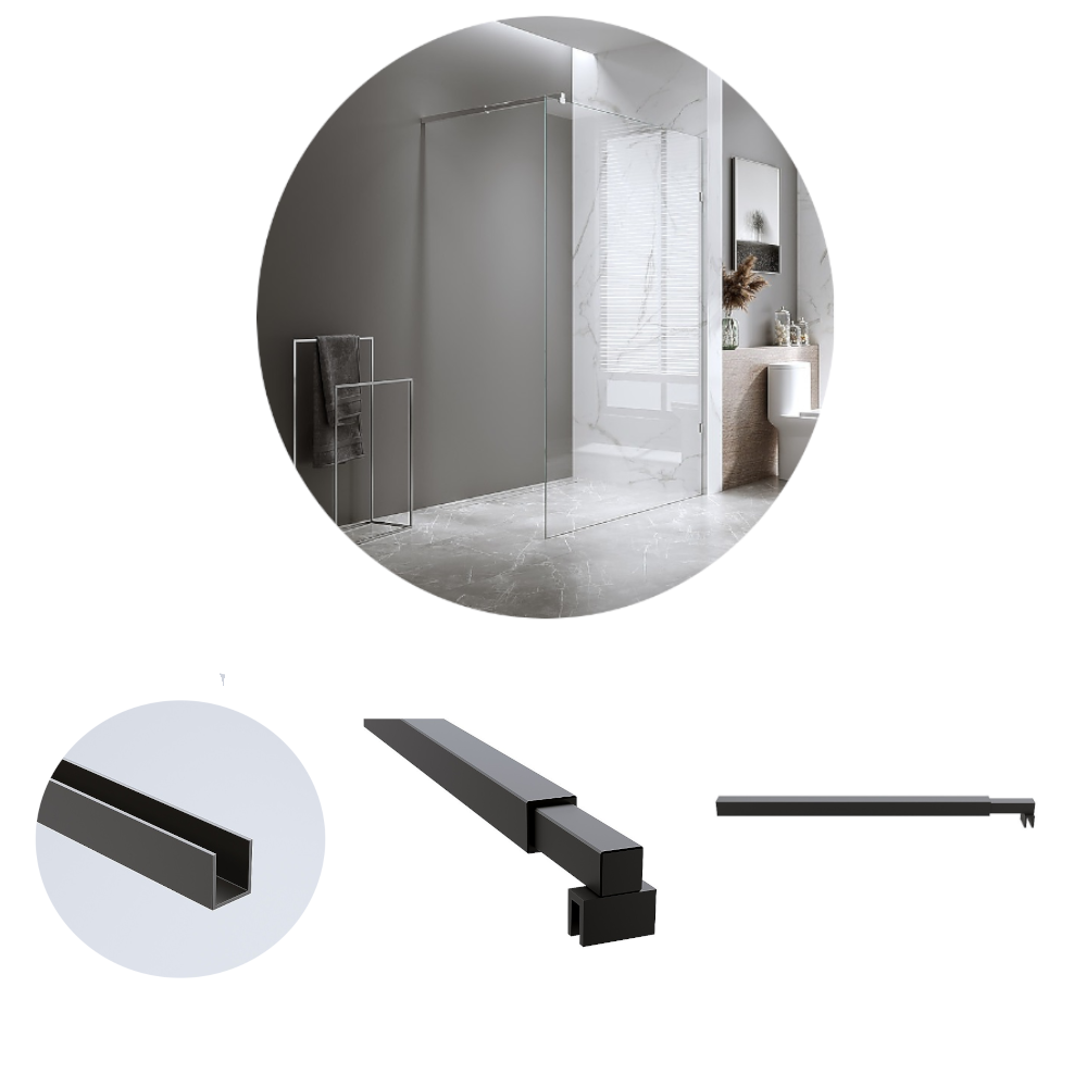 Della Francesca 120X210cm Single Shower Glass Screen With Black Wall Channel & Square Pole Shower Enclosures