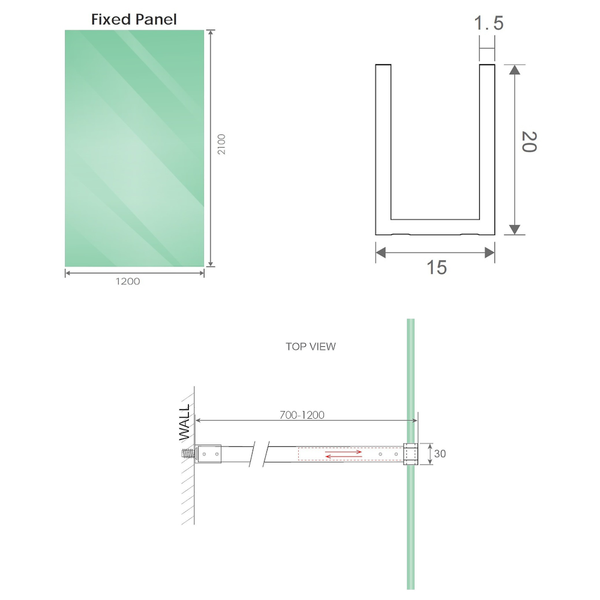Della Francesca 120X210cm Single Shower Glass Screen With Black Wall Channel & Square Pole Shower Enclosures