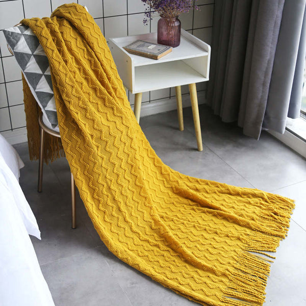 125Cm X 200Cm Warm Cozy Knitted Throw Blanket Yellow Blankets