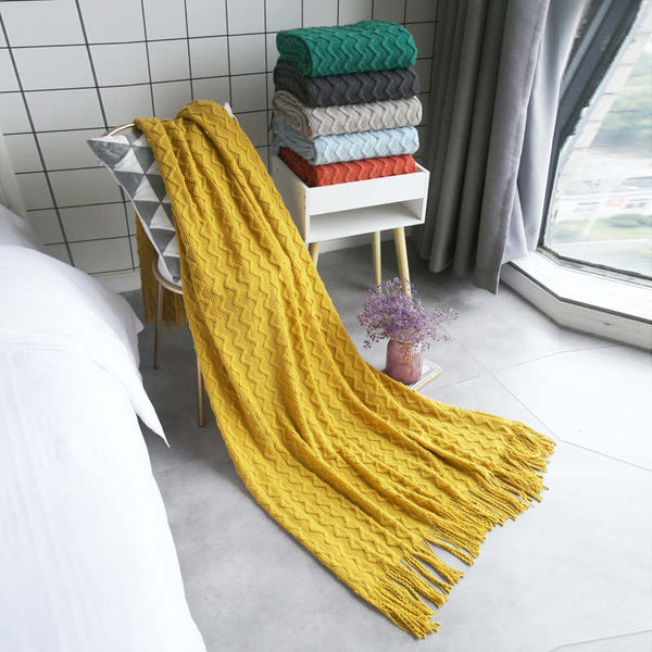 125Cm X 200Cm Warm Cozy Knitted Throw Blanket Yellow Blankets