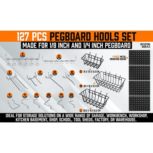Horusdy 127Pc Pegboard Hooks Set Storage Baskets Organizer Hanger Inc. 4 Small Board Other Tool Storage