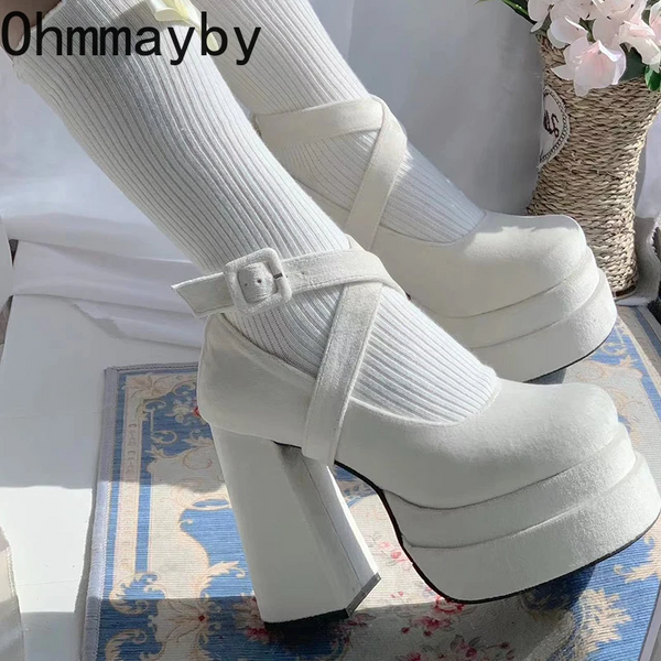 Designer Platform Women Mary Jane Shoes Fashion Elegant Cross Strap Thick Heel Ladies College Style Dress Pumps Heels