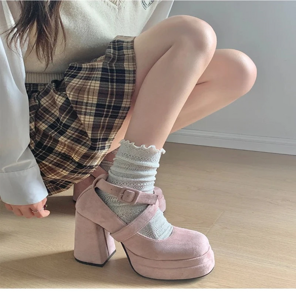 Designer Platform Women Mary Jane Shoes Fashion Elegant Cross Strap Thick Heel Ladies College Style Dress Pumps Heels