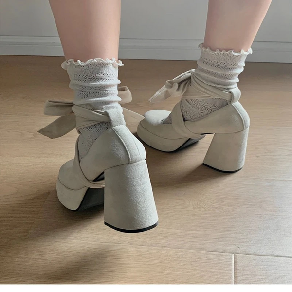 Designer Platform Women Mary Jane Shoes Fashion Elegant Cross Strap Thick Heel Ladies College Style Dress Pumps Heels