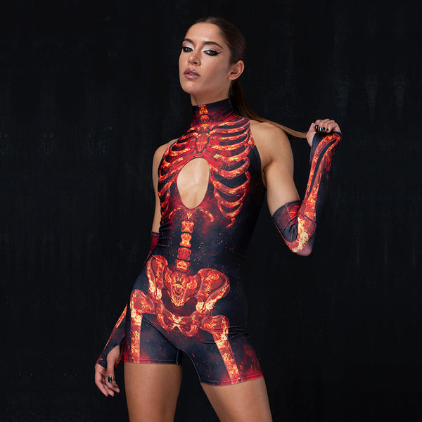 High Neck Sleeveless Skull Print Hollowed Out Sleeves Tight Elastic Jumpsuit Jumpsuits Rompers & Playsuits