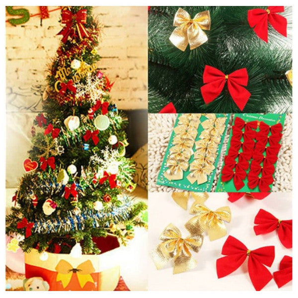12Pcs Red Mini Christmas Tree Bows Festive Decorations