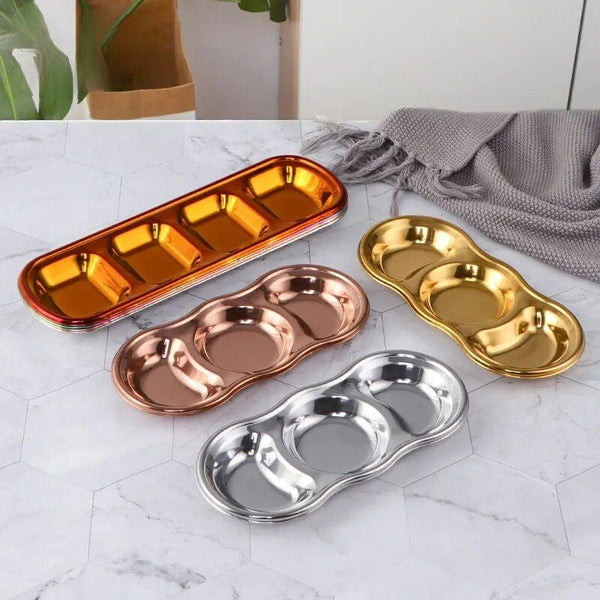 Silver Stainless Steel 3 Grid Seasoning Sauce Dish For Kitchen Dining Plates