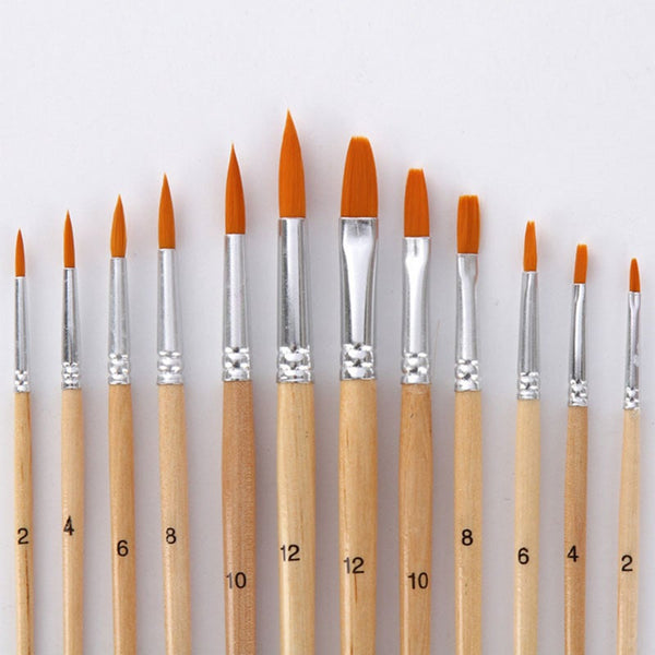 12Pcslot Paint Brush Wooden Handle Different Size Nylon Hair Oil Painting Brushes Set For Watercolor Acrylic Drawing Art