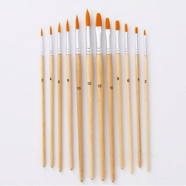 12Pcslot Paint Brush Wooden Handle Different Size Nylon Hair Oil Painting Brushes Set For Watercolor Acrylic Drawing Art