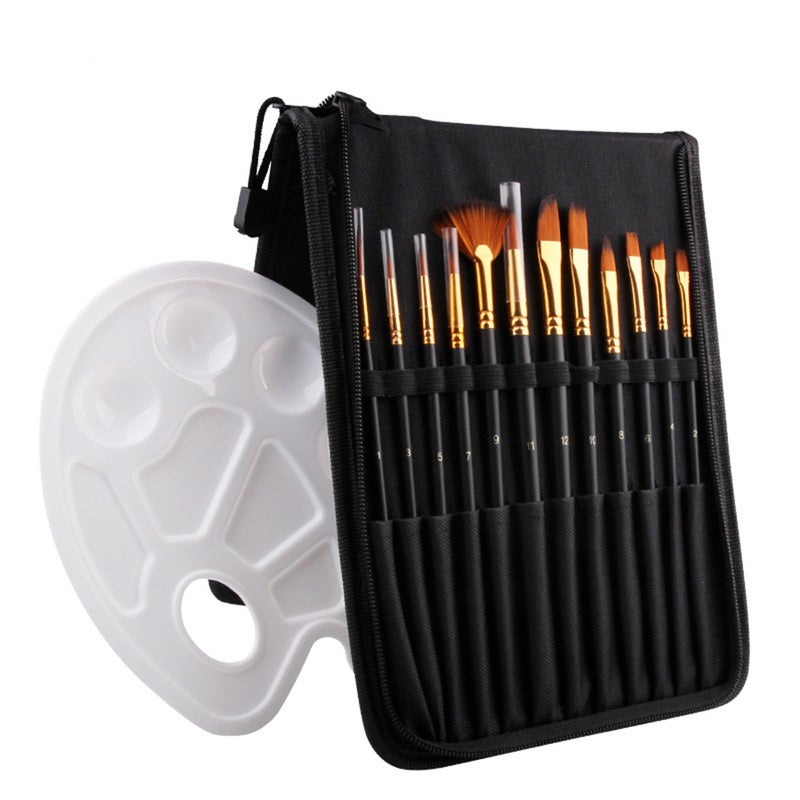12Pcs Nylon Paint Brushes Pen Professional Oil Watercolor Paintbrush Set With Color Palette Pencil Case For School Supply Artists Brushes