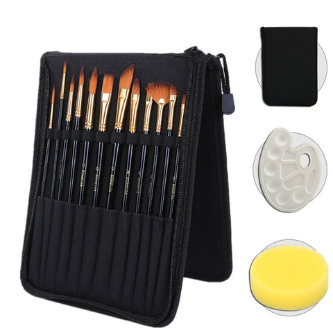 12Pcs Paint Brush Set And Palette With Brushes Carrying Case For Watercolor Oil Acrylic Painting