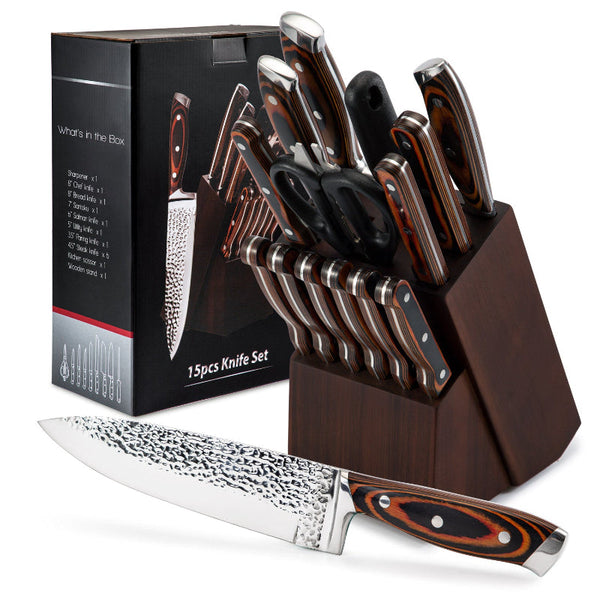 15Pc Kitchen Knife Block Set Embossed Blade Brown Knife Blocks & Storage