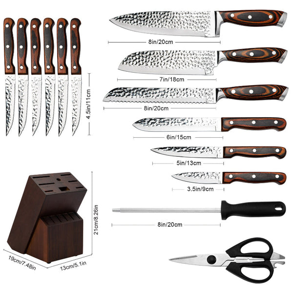 15Pc Kitchen Knife Block Set Embossed Blade Brown Knife Blocks & Storage