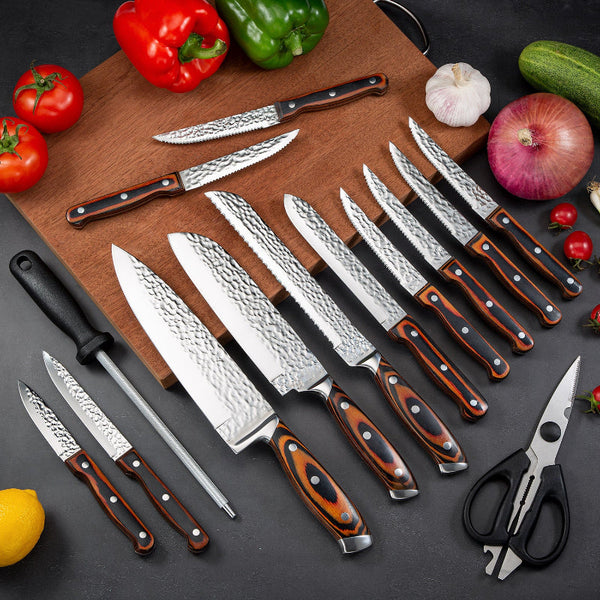 15Pc Kitchen Knife Block Set Embossed Blade Brown Knife Blocks & Storage