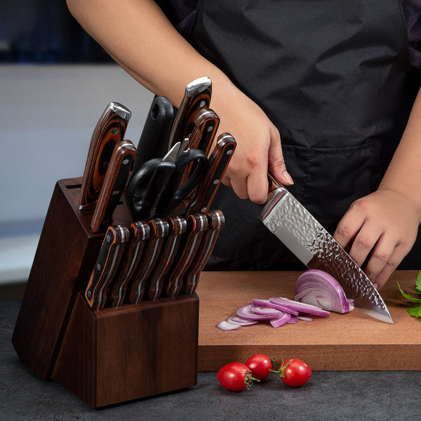 15Pc Kitchen Knife Block Set Embossed Blade Brown Knife Blocks & Storage