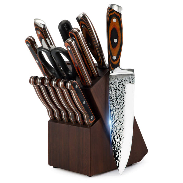 15Pc Kitchen Knife Block Set Embossed Blade Brown Knife Blocks & Storage