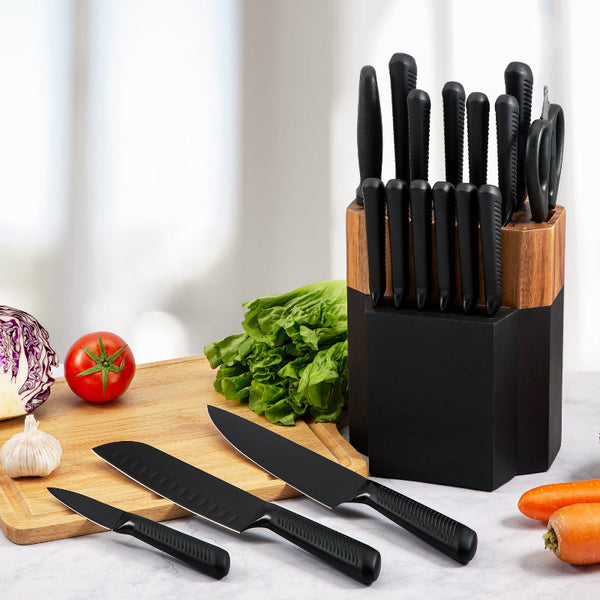 18Pc Kitchen Knife Block Set Stainless Steel Black Blades Wood Holder Knife Blocks & Storage
