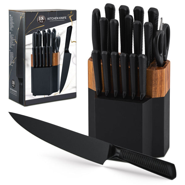 18Pc Kitchen Knife Block Set Stainless Steel Black Blades Wood Holder Knife Blocks & Storage