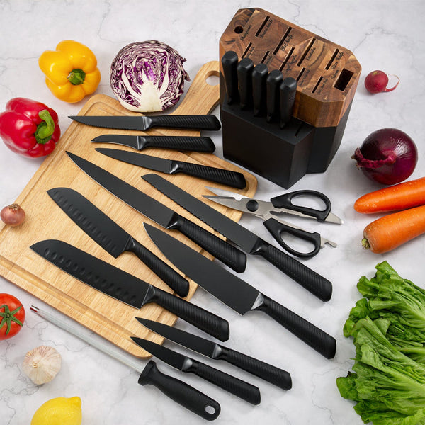 18Pc Kitchen Knife Block Set Stainless Steel Black Blades Wood Holder Knife Blocks & Storage