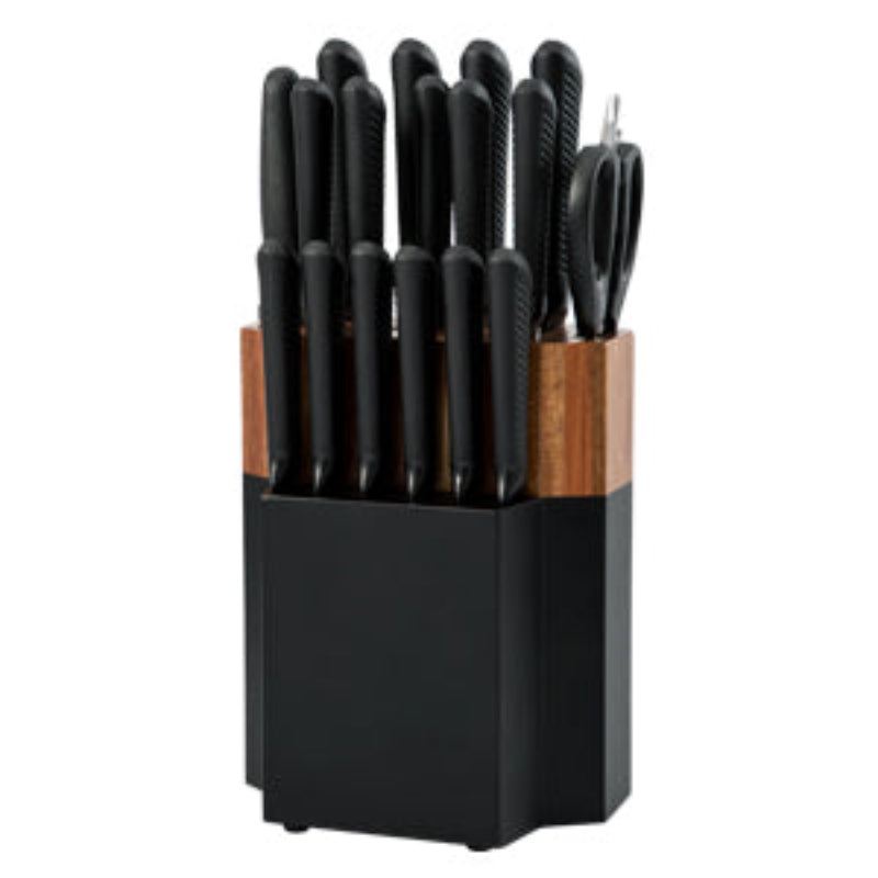 18Pc Kitchen Knife Block Set Stainless Steel Black Blades Wood Holder Knife Blocks & Storage