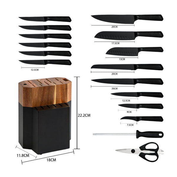 18Pc Kitchen Knife Block Set Stainless Steel Black Blades Wood Holder Knife Blocks & Storage